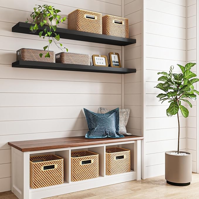 Fixwal Floating Wall Shelves for Decor (Black, Set of 2, 47.2Inch) | MDF Shelf with Metal Brackets, Space Saving for Books , Decor, Fits Bathroom, Kitchen, Bedroom, or Office