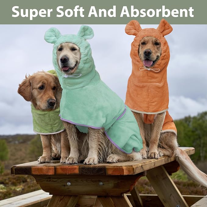 Dog Bathrobe Super Absorbent Towel Robe - Microfiber Bath Towels Fast Drying Coat for Dogs, Cute Dogs Clothes Adjustable Collar & Belly Strap Warm Keeping Hooded Dog Towel (Orange, Medium)