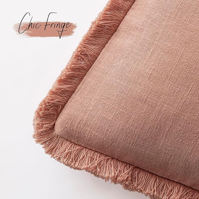 Foindtower Set of 2 Decorative Linen Fringe Throw Pillow Covers Cozy Boho Farmhouse Cushion Cover with Tassels Soft Accent Pillowcase for Couch Sofa Bed Living Room Home Decor,26×26 Inch,Coral Pink