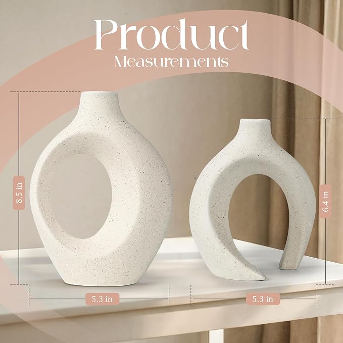 Set of 2 Elegant Donut Style Ceramic Vases – Boho Nordic Romantic Hugging Flower Decorative Vases for Pampas Grass, Bedroom, Living Room, Mantle, Book Shelf, Entryway Table 8.4 Inch Beige