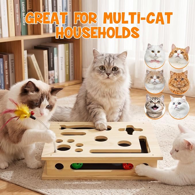 SENNOVI Large Wooden Cat Puzzle Feeder & Scratcher Box, Interactive Toy
