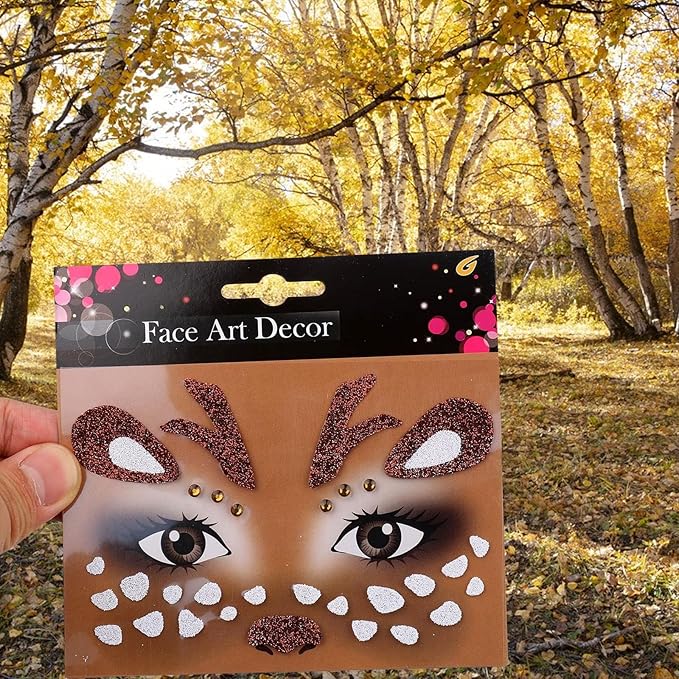Christmas Elk Glitter Face Tattoo Stickers for Kids - Self-Adhesive Temporary Body Art Makeup for Halloween,Cosplay, Festival - Waterproof Fake Tattoo Stickers - 2Pcs (Reindeer & Elk)