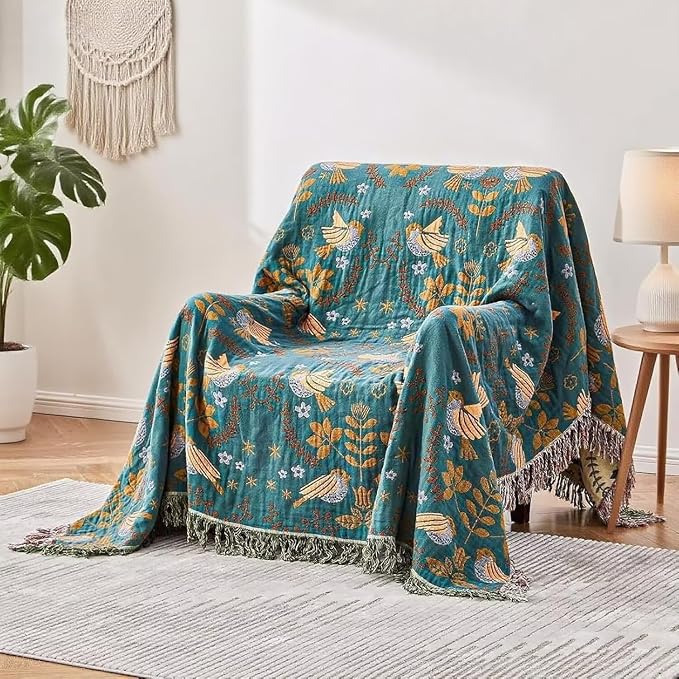 Boho Throw Blanket for Bed 100% Cotton Bohemian Blankets Ultra Soft Woven Muslin Decorative Blankets All Seasons Vintage Quilt Knitted Blanket for Sofa Chair(Blue, 60"x80")
