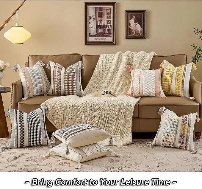 Set of 2 Chenille Striped Textured Boho Throw Pillow Covers Aesthetic with Tassels Woven Decorative Pillow Case for Couch Bed Sofa Bedroom Modern Funky 18 x 18-Inch Black Multicolor