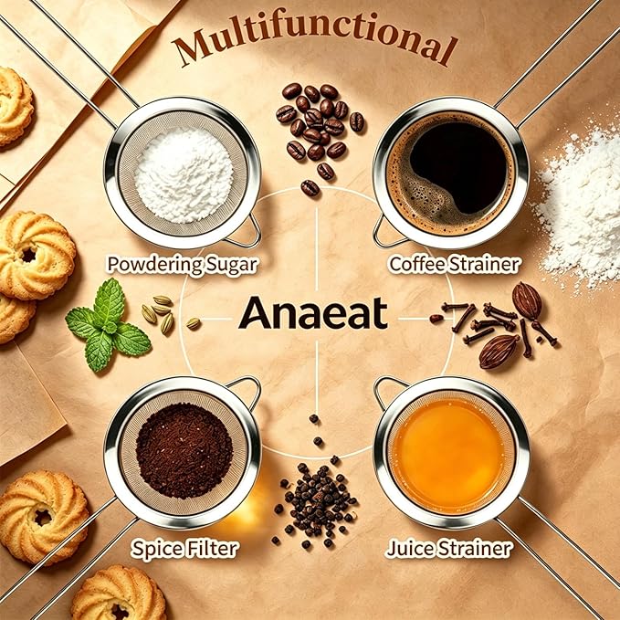 Anaeat Fine Mesh Strainers - Premium Stainless Steel Colander Sieve Sifters, with Durable Mesh and Sturdy Handle, Excellent for Sifting Dry ingredients, Flour, Pastas, Rice, Tea (3.15"）