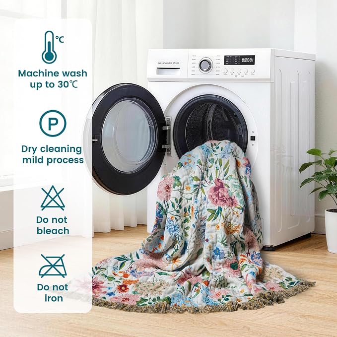 MSGKV Boho Throw Blanket 50"x60" Summer Cotton Orchid Blanket for Couch | 100% Cotton Muslin, Orchid Throw Blanket, Reversible Weave, Soft & Breathable, Elegant Home Accent, Machine Washable