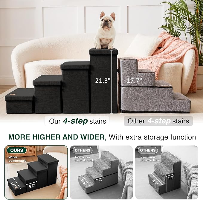 Love's cabin Dog Stairs for High Bed, Foldable Pet Stairs for Small Medium or Large Dogs Puppy with Storage for Bed or Couch, Cat Dog Steps Ramp with Zip up to 200 lbs, Black, 4 Steps