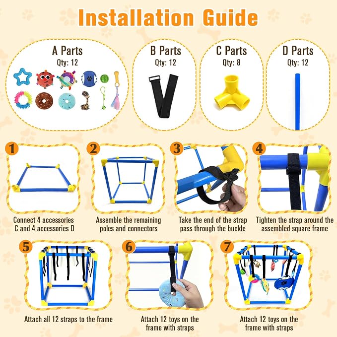 Puppy Play Gym with 12 Toys, Removable Dog Enrichment Playground, Interactive Indoor Training Activity Center for Small Dogs & Puppies, Teething & with Squeaky Toys, Fixable, 12 Toys