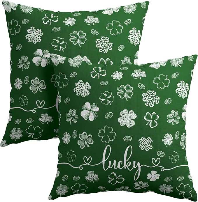 Kawani St Patricks Day Pillow Covers 18x18 Set of 2 Green Lucky Clover Shamrock Leaves Print Throw Pillowcases Cotton Linen Cushion Case for Living Room Couch Sofa Farmhouse Home Decor
