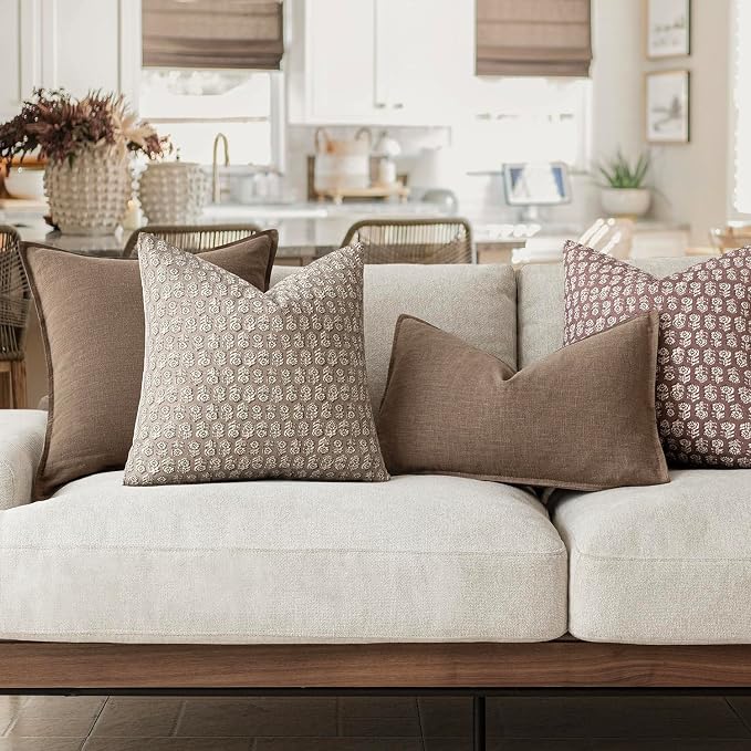 Foindtower Set of 2 Decorative Vintage Floral Print Throw Pillow Covers Neutral Modern Farmhouse Cushion Covers Boho Home Decor for Sofa Couch Chair Bedroom Living Room,22×22 Inch,Tan Taupe