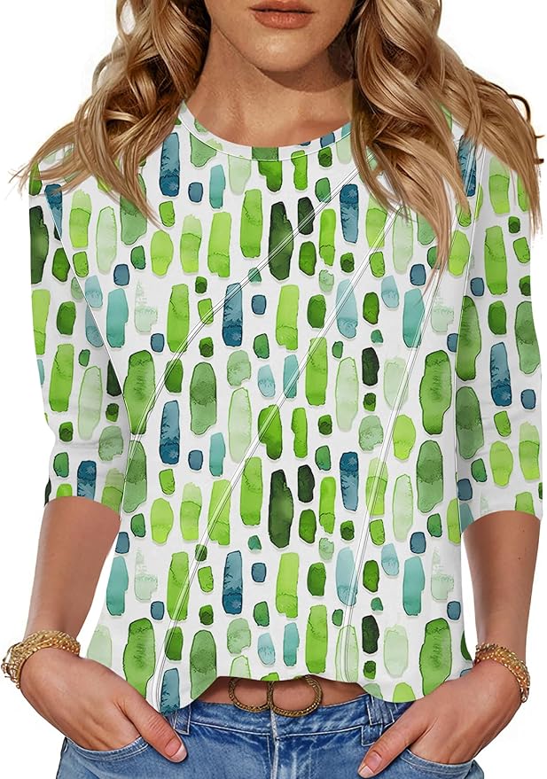 LOMON 3/4 Length Sleeve Womens Tops Spring Summer Fashion 2026 Tops Crew Neck Pleated Shirts Tunic Top Loose Fit