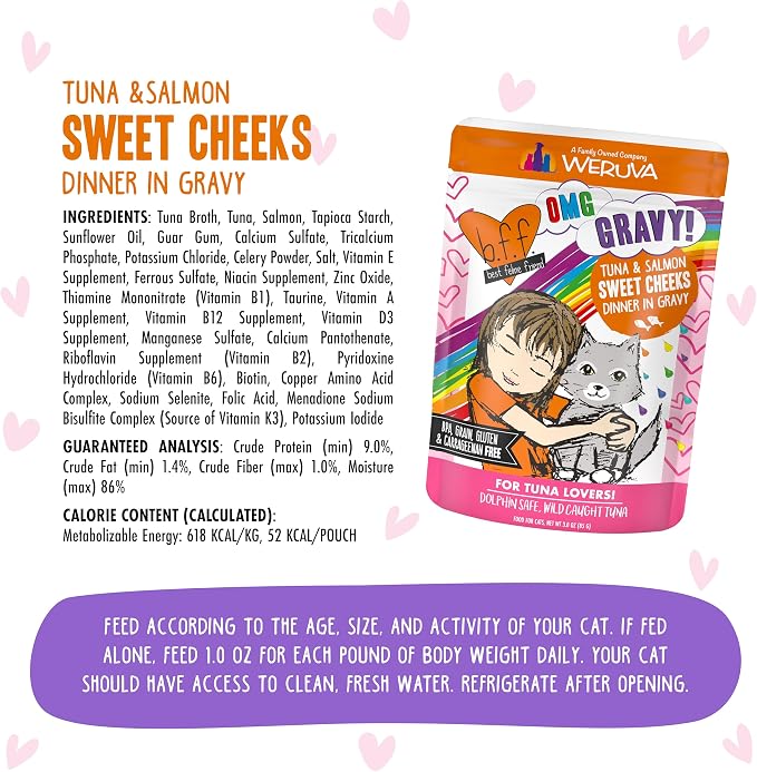 Weruva B.F.F. OMG - Best Feline Friend Oh My Gravy!, Tuna & Salmon Sweet Cheeks with Tuna & Salmon in Gravy Cat Food, 3oz Pouch (Pack of 12)
