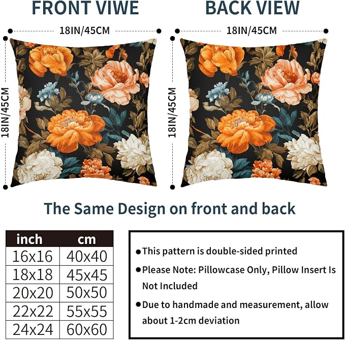 Black Boho Floral Pillow Covers 22X22 Inch Set of 2 Vintage Orange Beige Botanical Flowers Decorative Pillow Cases Mid Century Modern Bohemian Cushion Case Farmhouse Home Decor for Sofa Couch