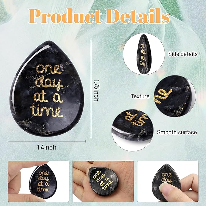 LAIDANLA Worry Stone for Anxiety Black Labradorite Healing Crystal Sensory Fidget Thumb Stones One Day at A Time Mental Health Relief Items Inspirational Thinking of You Sobriety Gifts for Women Men