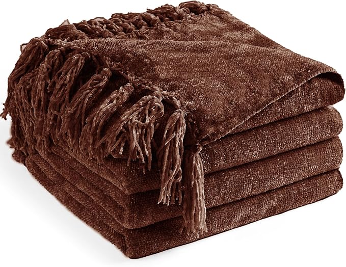 Chenille Throw Blanket for Couch 60" x 80" Twin, Dark Brown | Soft Cozy Warm Throws with Fringe Tassel Living Room Bed Sofa Chair Cover, Lightweight Knitted Boho Blankets Fall Decor