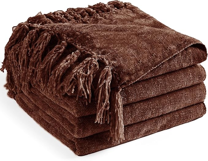 Chenille Throw Blanket for Couch 50" x 60", Dark Brown | Soft Cozy Warm Throws with Fringe Tassel Living Room Bed Sofa Chair Cover, Lightweight Knitted Boho Blankets Fall Decor