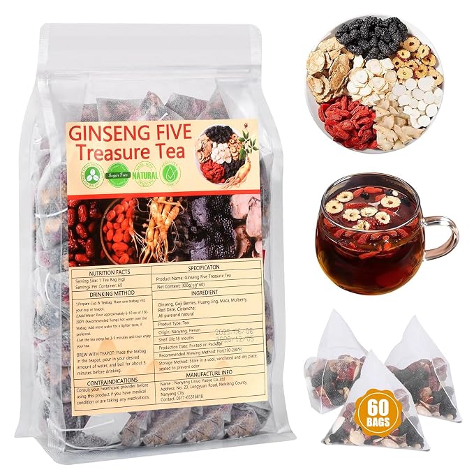 Kidney Tea Ginseng Six Treasure Tea Formula Traditional Chinese Herbal Kidney Cleanse Detox Repair for Women & Men (60 Bags, Ginseng Six Treasure Tea)