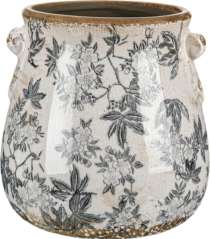 Ceramic Scroll Planter 6.5 Inch Chinoiserie Floral Vase with Drainage Holes Vintage Flower Vase Flower Pot Rustic Ceramic Pots for Indoor Plants Garden Home Bookshelf Decor(Gray Glaze)