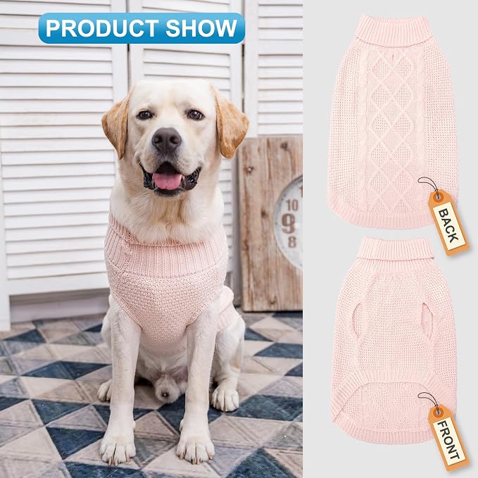 Mihachi Turtleneck Dog Sweater - Winter Coat Apparel Classic Cable Knit Clothes with Leash Hole for Cold Weather, Ideal Gift for Pet in New Year Rosy Medium