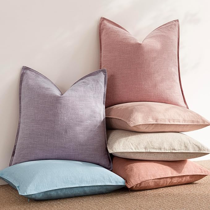 Foindtower Pack of 2, Decorative Linen Solid Throw Pillow Covers Soft Accent Cushion Euro Case Boho Farmhouse Pillowcase for Chair Couch Sofa Bedroom Living Room Home Decor 22 x 22 Inch Rose Pink