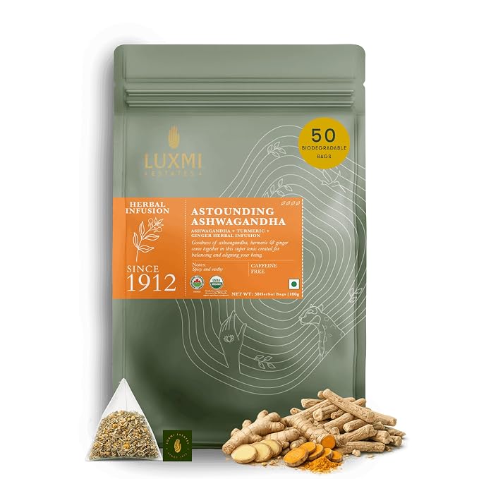 Luxmi Estates Ashwagandha Turmeric | Organic Adaptogen Tea | Stress Relief & Immunity Support | 50 Biodegradable Tea Bags | 100g/3.52oz