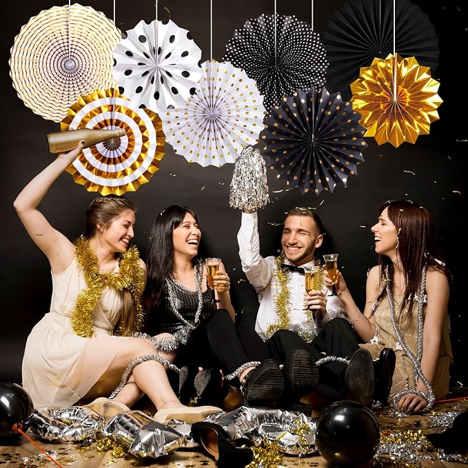 Black and Gold Decorations, Hanging Honeycomb Paper Pompoms Fan for Graduation Birthday Wedding Photo Backdrop Prom Night New Years Black and Gold Party Decorations, Set of 8