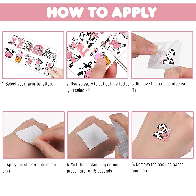 Holy Cow Im Two Temporary Tattoos Pink Cow 2nd Birthday Party Decorations Favors Supplies Cow Themed Stickers 10 Sheets 100 PCS Gifts for Baby Girls Boys Decor Class School Carnival Christmas