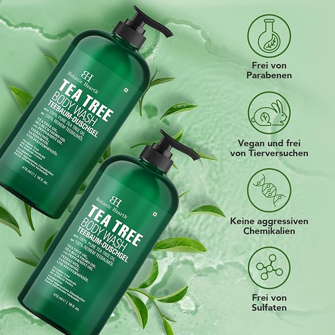Botanic Hearth Tea Tree Body Wash (Pack of 2) for Men and Women - Moisturizing Body Wash Helps Soothe the Skin - Refreshing and Hydrating Cleanser, Sulfate Free, Paraben Free - 16.9 Fl Oz each