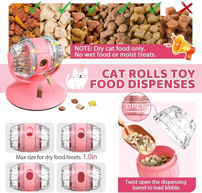 Interactive Cat Treats Dispenser Toy, Puzzle Feeder Food Dispenser, Kitty Interactive Enrichment Toys, Dispensing Foods Slow Feeder National Pet Day Gifts for Indoor Cats IQ Training, Pink