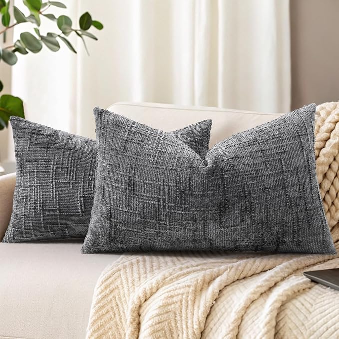decorUhome Textured Chenille Throw Pillow Covers 12x20 Set of 2 Dark Grey | Fall Modern Farmhouse Soft Cozy Slubby Couch Pillow Cases Boho Decorative Pillow Cases for Bed Sofa Living Room Home Decor