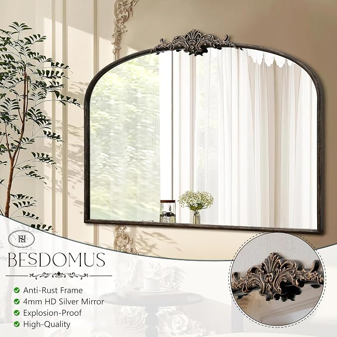 Besdomus Vintage Arched Black Mirror: 40"x29" Large Arch Antique Decorative | French Baroque Metal Framed Mirrors - Traditional Ornate for Entryway/Dresser/Fireplace/Bathroom - Ideal for Home Renovations