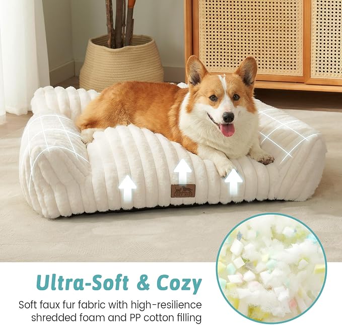 COZY KISS Cute Cat Couch, Fluffy Sofa Bed for Cats and Small Dogs, Premium Faux Rabbit Fur Cats beds for Indoor Cat, Ultra-Soft Supportive Pet Couch Furniture (Cream, M: 31.5''x23.5'')