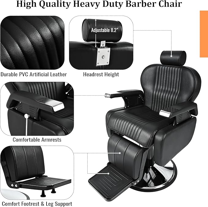 Professional Barber Chairs for Barbershop,Reclining Salon Chairs for Hair Stylist with Heavy Duty Hydraulic Pump/Headrest/ Footrest,360° Rotation, Tattoo Chair Shampoo Equipment For Beauty Shop