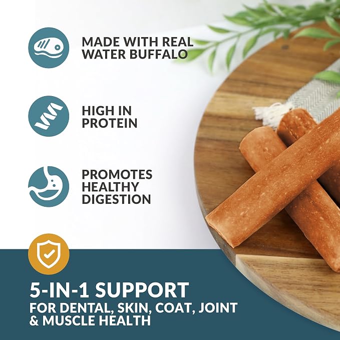Wild Eats Water Buffalo Collagen Cheek Rolls 5" Chew 4pk Pig Ear Substitute | Long lasting treats and bones for medium dogs, retriever style texture, 4 per bag, satisfies natural gnawing urges daily