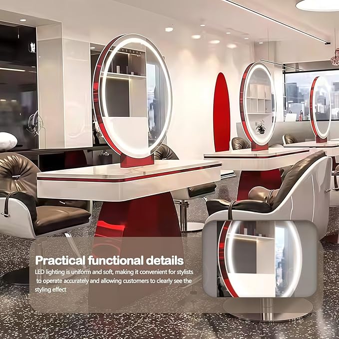 2-Person Salon Station for Hair Stylist with Retro-Futuristic Style, Barber Station includes LED Round Mirror, Red Metal Design, for Beauty Salon
