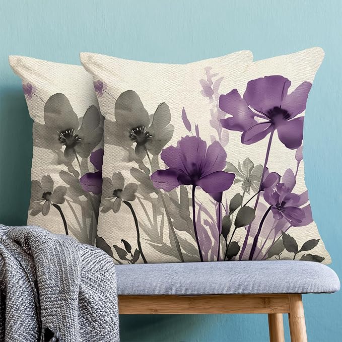 Spring Floral Pillow Covers 18x18 Inches Set of 2 Gray Purple Floral Throw Pillow Covers Outdoor Summer Flower Decoration Pillowcase Farmhouse Decorative Square Cushion Cover for Home Couch