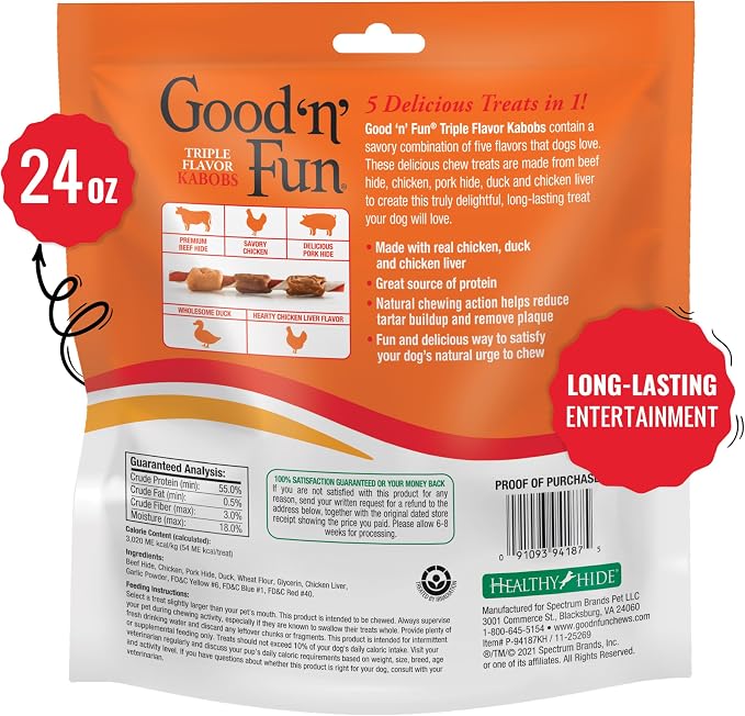 Good 'n' Fun Kabobs Long-Lasting Dog Treat Made With Real Protein, 24 oz | Premium Chicken, Pork and Beef Hide Chew, Supports Dental Health and Mental Stimulation, For Adult Dogs
