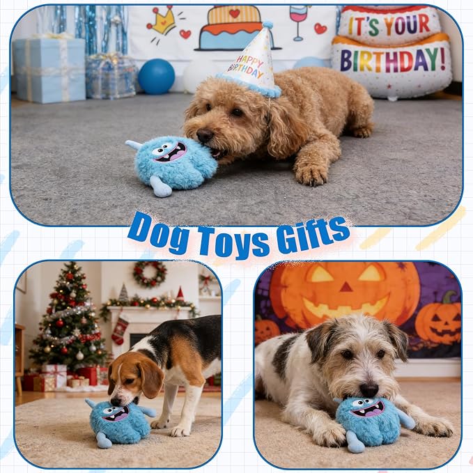 Monster Stuffed Squeaky Dog Toy, Crinkle Dog Plush Toy, Light Blue | Soft Lightweight Toy for Fetch and Chew, Interactive Outdoor Indoor Play for Tug, Birthday Gift, For Puppy Small Medium Dog