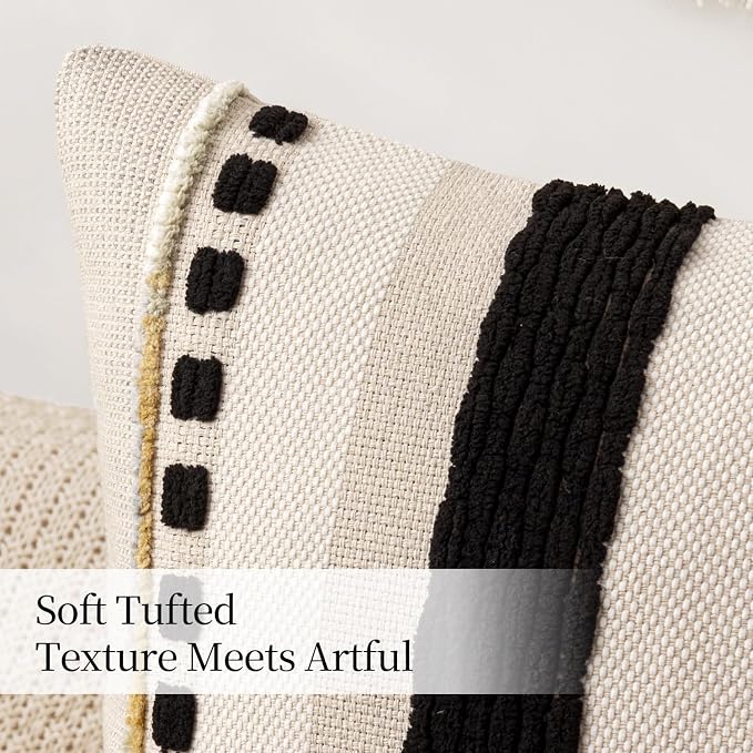 ANRODUO Boho Decorative Pillow Covers 20x20 Inch Black Stripe Pack of 2 | Throw Pillow Covers, Farmhouse Cushion Case, Chenille Pillow Cases, Pillow Covers, Accent Neutral Pillowcase for Sofa Couch