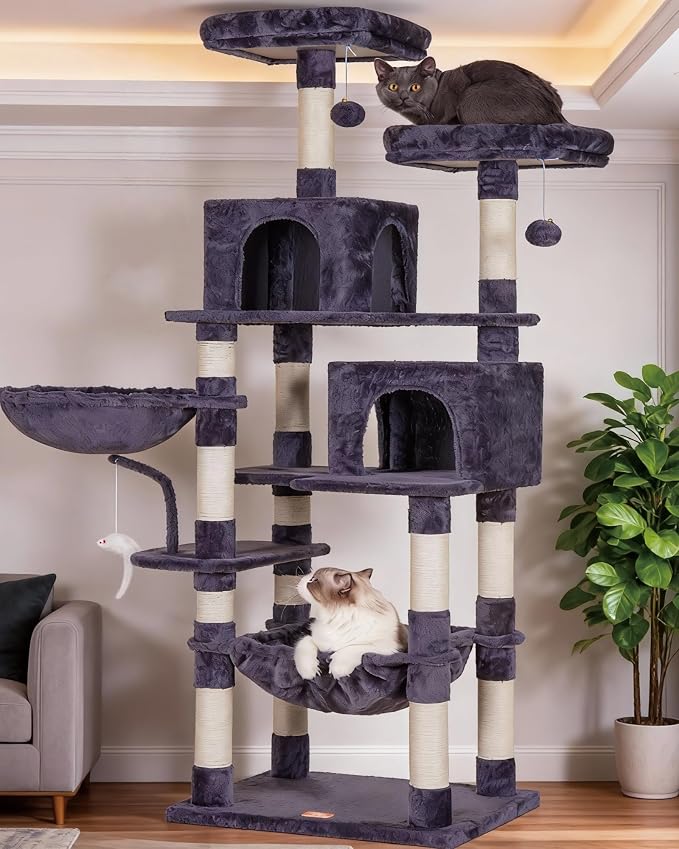 Heybly Cat Tree, 70 inches Tall Cat Tower for Indoor Large Cats HCT032G | Big Cat Condo with Toy , Cat House Furniture with Padded Plush Perch, Cozy Hammock and Sisal Scratching Posts, Smoky Gray