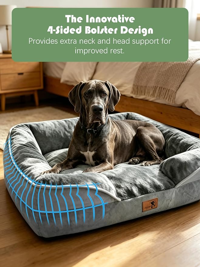Spotted Play Orthopedic Dog Bed with Sides - Dog Sofa Beds for Extra Large Dogs, Supportive Foam Pet Couch Bed with Washable Removable Cover, Waterproof Lining and Non-Slip Bottom, Grey - XXL