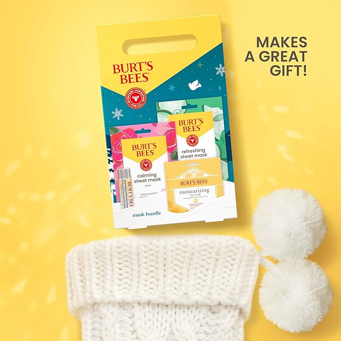 Burt’s Bees Mothers Day Gifts Set, Face Mask Bundle, Ultra Conditioning Lip Balm and Moisturizing Lip, Refreshing Sheet and Calming Sheet Masks, 1 Gift Set