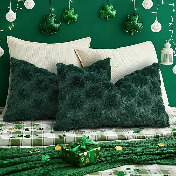 decorUhome Faux Fur Throw Shamrock Green Pillow Covers 12x20 Set of 2 | Plush Soft Wool St. Patrick’s Day Throw Pillow Covers, Accent Modern Farmhouse Pillow Covers Holiday Decor for Sofa Bed