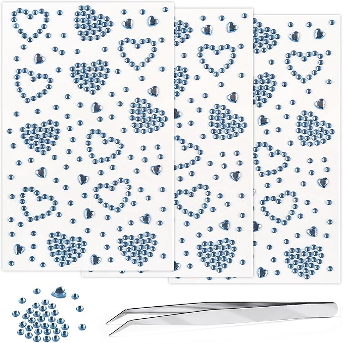 3 Sheers Self Adhesive Face Gems Blue Acrylic Heart Rhinestone Sticker Hair Face Jewels Sticker Sparkly Crystal Pearls for Hair Eye Face Body Nails Crafts Decoration