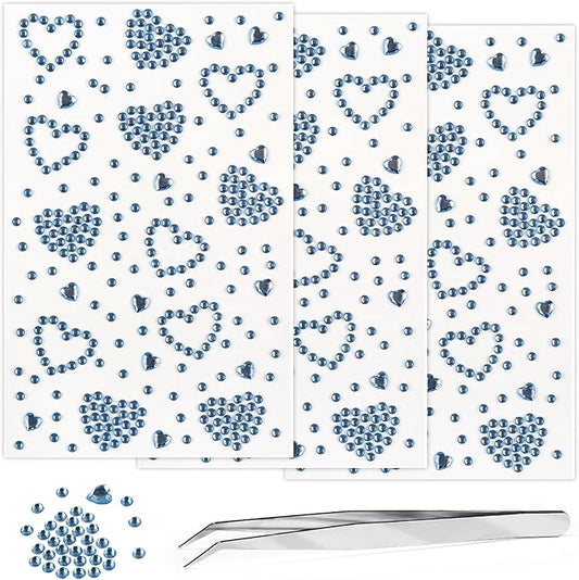 3Sheets Heart Gem Stickers Jewels for Crafts, Face Makeup - Self Adhesive Rhinestone Jewel Stickers, Stick on Gems Rhinestones for Crafts, Craft Supplies for Kids (04.Light Blue Heart)