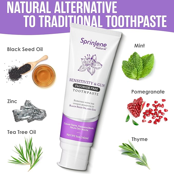 SprinJene Natural Fluoride Free Toothpaste for Sensitive Teeth & Gums – Patented Toothpaste with Black Seed Oil & Zinc – Vegan Dry Mouth Prevention for Fresh Breath – Made in The USA (2 Pack)