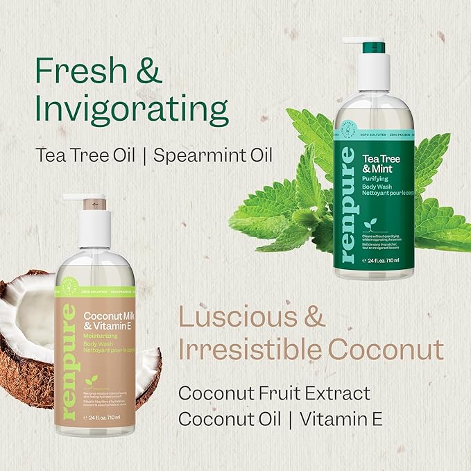 RENPURE LLC Tea Tree Mint Oil & Coconut Vitamin E, Sulfate Free Moisturizing Body Wash For Dry Sensitive Skin, Antibacterial Body & Hand Soap For Men Women Kids & Toddlers, White, 24 Oz