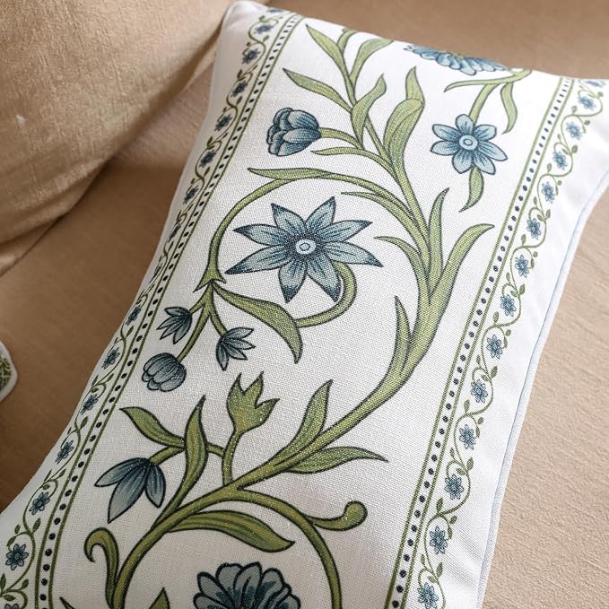 Designer Linen Throw Pillow Cover,Set of 2,20"x12"-Mosella D | Vintage Elegant Rectangle Decor Pillow Cover,Concealed Zipper Design,Floral Pattern,Sofa,Bedroom,Living Room,Lounge Chairs