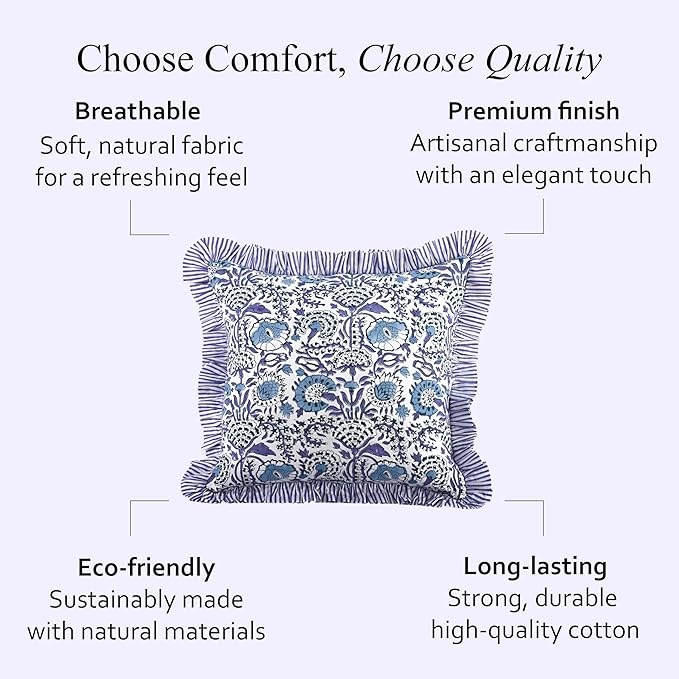 CPC Indigo Blue Ruffle Throw Pillow Covers for Couch, 24x24 Inch Cotton Stripe Ruffle Couch Pillows for Living Room, Hidden 20 Inch Zipper Boho Pillow Case or Cute Outdoor Pillows