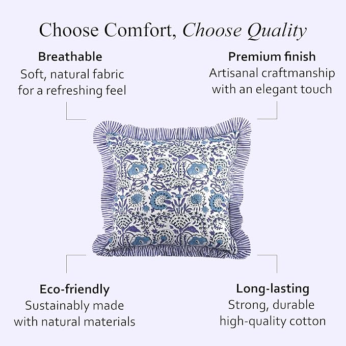 CPC Indigo Blue 100% Cotton Block Print Ruffle Pillow Cover 16X16 inch, Handmade Boho Floral Pillowcase, Farmhouse Cottagecore Bedding, Soft Decorative Cushion Cover for Bedroom Décor